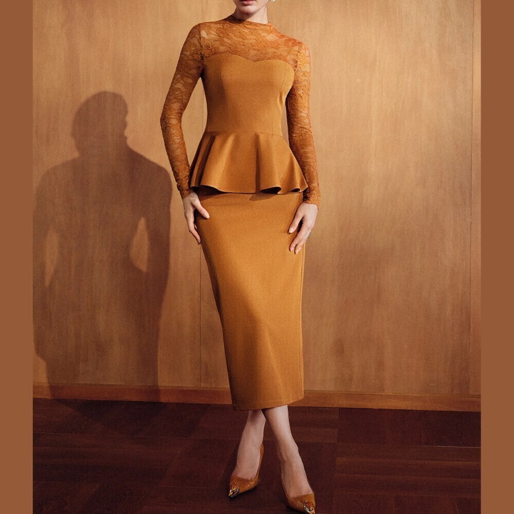 Amber Yellow Lace Yoke Long Sleeve Peplum Top and Pencil Skirt Set